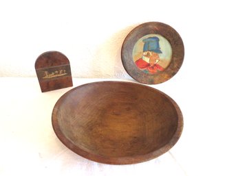 3 Piece Wood Lot With Bowl & Painted Figure On Plate
