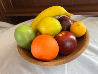 Hand-Carved Antique Wooden Bowl With Faux Fruit