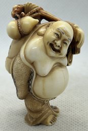 Wonderfully Carved Antique Japanese Netsuke Of A HOTEI BUDDHA- Artist Signed