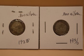 1928 And 1936 Canadian 10 Cent Coins .800 Silver