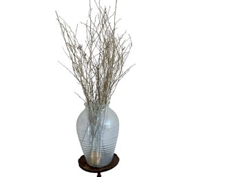 Large Textured Glass Vase Subtle Ribbed Pattern With Decorative Branches