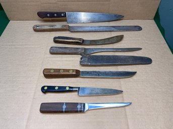 Lot Of (7) Antique And Vintage Knives Skinning Knife, Chef Knife, S&S Cutlery, Sheath Knife Possibly Civil War