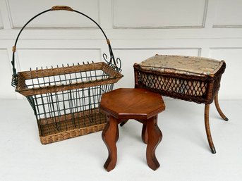 Vintage Basket, Wooden Stool And Wicker Stool
