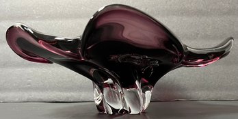 Vintage Art Glass Aubergine Bowl Clear Base - Heavy - 10.25 Diameter X 4 H - Flower Shaped