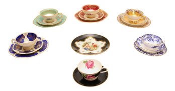 6 Stunning Antique Fine Porcelain Cups Saucers And Bread Plate