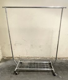 Rolling Adjustable Height Clothes Rack With Bottom Shelf And Extending Rod