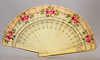 Vintage 1920s Celluloid Small Sized Ladies Fan Hand Painted With Pink Flowers