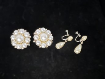 Two Pairs Vintage Faux Pearl Design Earrings - Clip-on & Screw-back