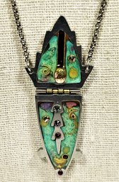 Studio Artisan Necklace Pendant In Green Enamel Chain 22' Long