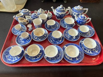 TWO ANTIQUE BLUE WILLOW CHILDRENS TEA SETS