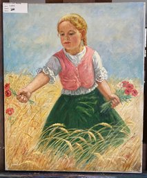 Oil On Canvas Girl Picking Poppies In Field Signed Lovritsk