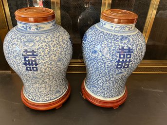 Pair Of Signed Chinese Blue & White Lidded Jars On Wooden Stands - 15'H