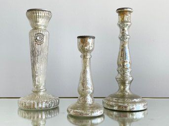 A Trio Of Vintage Mercury Glass Candlesticks