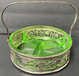Vintage Depression Green Glass & Silver Plate - Bon Ton Candy Nut Handled Basket Dish - 5.5 Diameter X 4.25 H