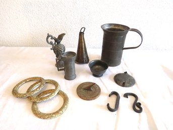 Antique Metal Lot Mini Sun Dial, Rings & Tin Measure
