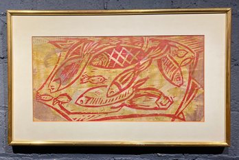 Mid Century Abstract Fish Woodblock Print