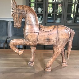 (2 Of 2) Incredible Large Vintage Style - All Hand Carved Wooden Horse - Fantastic Color And Patina - WOW !