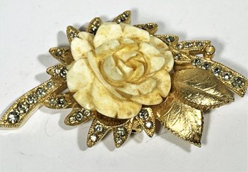 Gold Tone Vintage White Carved Rose Brooch By Eisenberg Ice