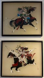 Framed Japanese Samurai Warriors, Hand Painted On Silk (2)
