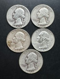 5 Washington Silver Quarters 1944, 1945, 1948, 1964, 1964-D