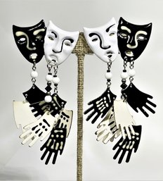 Pair Of Large Elaborate Pierced Earrings Jazz Hands And Comedy Tragedy Masks