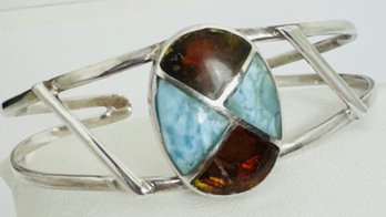 BEAUTIFUL LARIMAR AND AMBER STERLING SILVER CUFF BRACELET