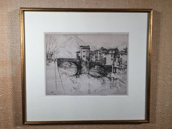Antique Etching - Ernest David Roth (1879-1964) - Bridge Sospel - Double Bridge - American German Born Artist