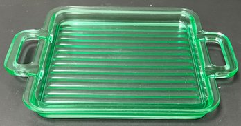 Depression Green Ribbed Glass Tray With Handles - 7.25 Square Plus Handles - Unmarked