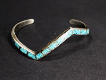 FINE SOUTHWESTERN STERLING SILVER TURQUOISE INLAY CUFF BRACELET