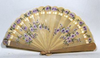 Vintage Celluloid Plastic Ladies Fan Having Hand Painted Purple Flowers