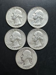 5 Washington Silver Quarters 1944, 1964 (2), 1964-D (2)