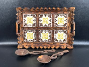 A Rustic Vintage Tray In Carved Wood With Inset Tiles & A Pair Of Spiral Handle Salad Servers