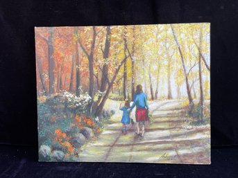 Figures Walking Trail In Woods Canvas Painting - Artist Signed