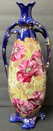 Antique Victorian Porcelain Handled Vase - Royal Nippon - Peony Ornate Floral & Cobalt Blue - Asymmetrical -