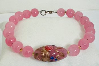 PRETTY PINK AND HAND DECORATED BEAD BRACELET STERLING CLASP