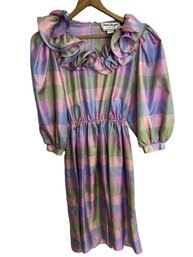 Vintage Early 1980s Donna Morgan For Non-Stop Pastel Plaid Ruffle Dress, Size 8