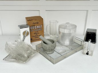 Collection Of Vintage Barware And More - Lucite Ice Bucket, Ice-o-mat Ice Crusher, Corn Plates, Tray