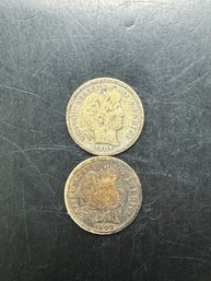 2 Barber Silver Dimes 1907, 1908