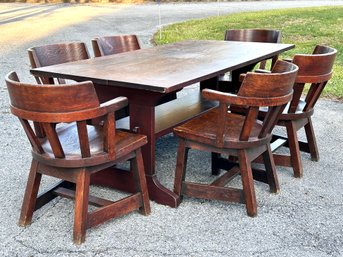 An Antique Craftsman Trestle Dining Table Or Library Table And Set Of 6 Chairs By Gustav Stickley (Decal)