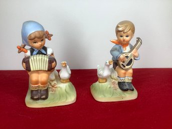 Erich Stauffer Boy And Girl Figurine With Musical Instruments And Geese