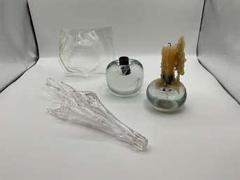 Lot Of Glass Pieces Including Two Candle Holders.