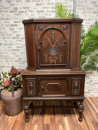 Antique Jacobean Hutch Cabinet W/ Ornate Floral Scroll Detail