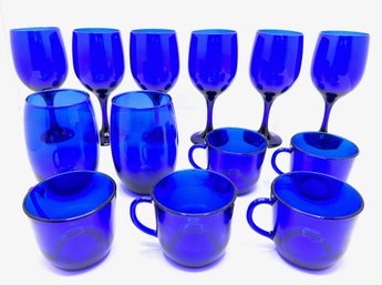 13 Vintage Cobalt Blue Glasses In 3 Sizes: Wine, Water & Tea