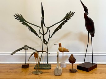 Variety Of Decorative Birds Including Kenyon Wood Carved Heron