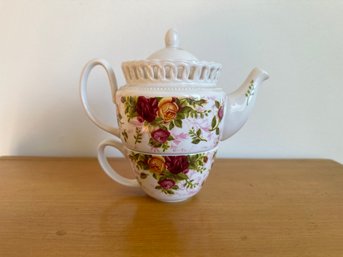 Royal Albert Old Country Roses Tea For One Teapot And Tea Cup Pierced