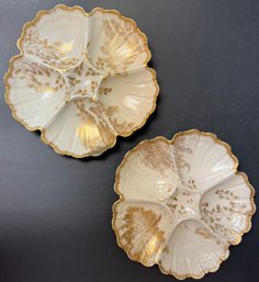 Antique Pair Porcelain Oyster Plates - T & V Limoges France - Tressemann & Vogt - Gold Foliage - 5 Wells