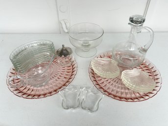 Collection Of Vintage Depression Glass Platters, Shell Plates, Decanter And More