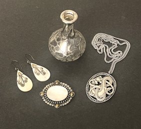 Antique Gorham 999/1000 Silver Overlay Perfume Bottle, Sterling & MOP Earrings & Pendant & Pendant On Chain