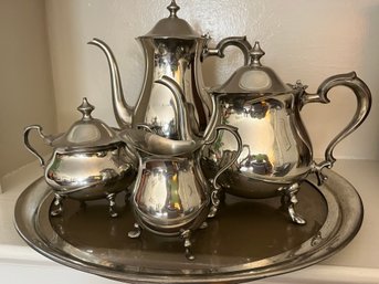 MCM Harrods  4 Pc Pewter Coffee And Tea Set With A Pewter Edged Glass Tray - England