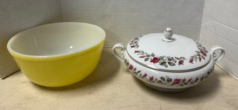 Diamond China, Moss Rose Serving Bowl Made In Japan & Large Yellow Glasbake Bowl Made In USA. CT/A2